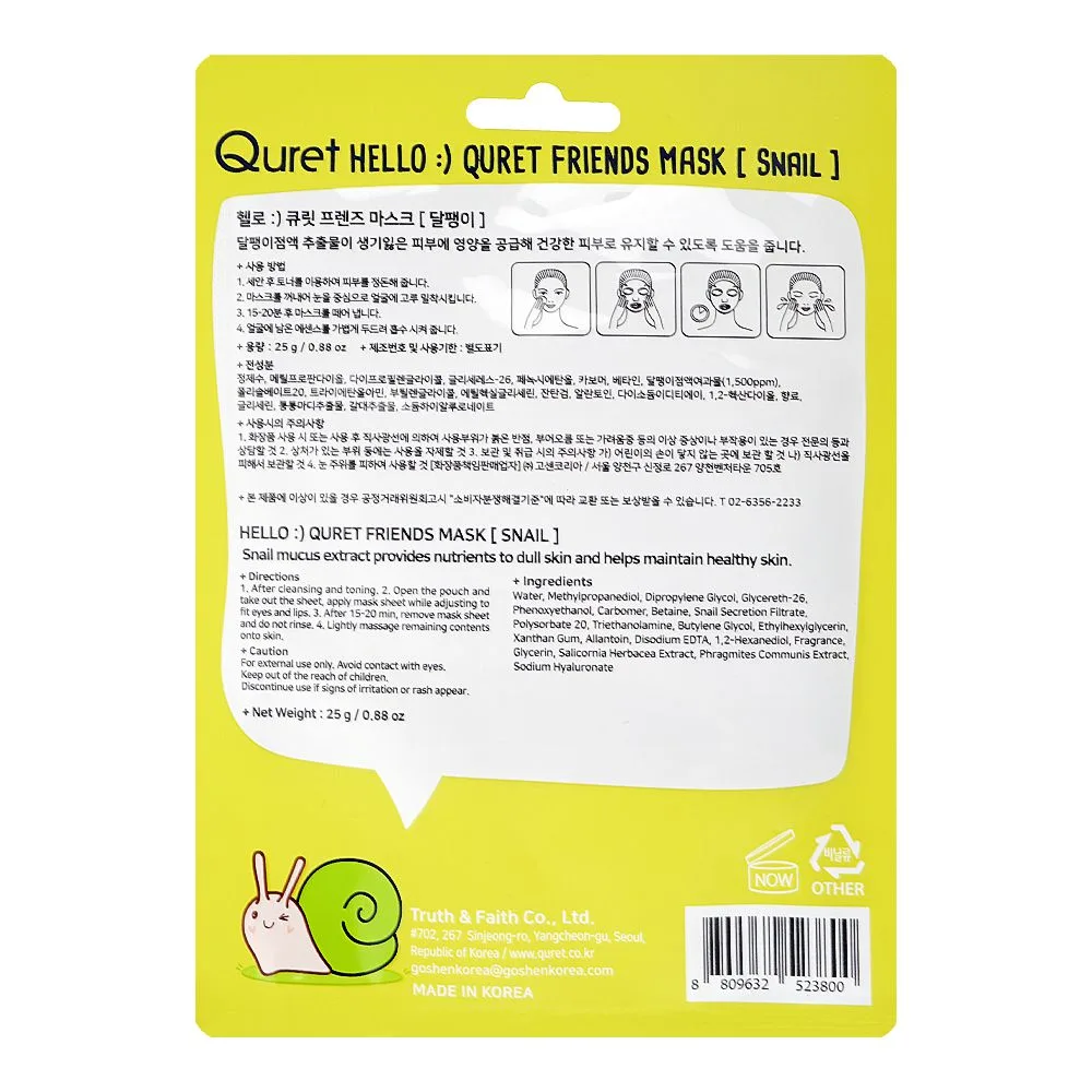 Side view of quret friends hello i'm snail sheet mask, glycerin, for dull skin, 25g