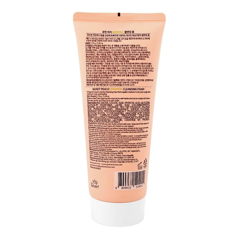 Side view of quret peach ceramide cleansing foam, glycerin, lauric acid, for hydrated skin, 170g