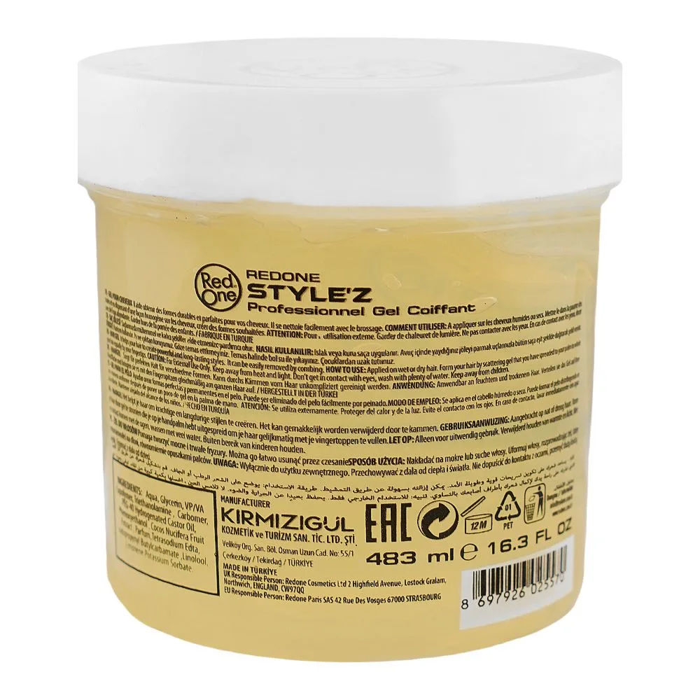 Side view of red one style'z coconut oil professional gel coiffant, alcohol free, for all types of hair, 483ml