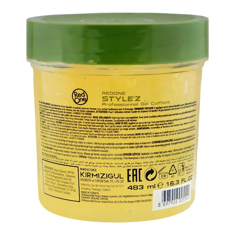 Side view of red one style'z olive oil professional gel coiffant, alcohol free, for all types of skin, 483ml