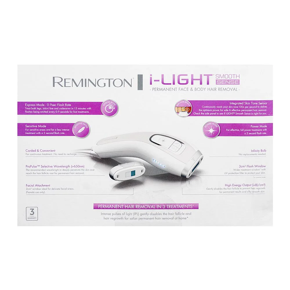 Premium everyday wear remington light smooth sense permanent face & body ipl hair removal device, ipl8500