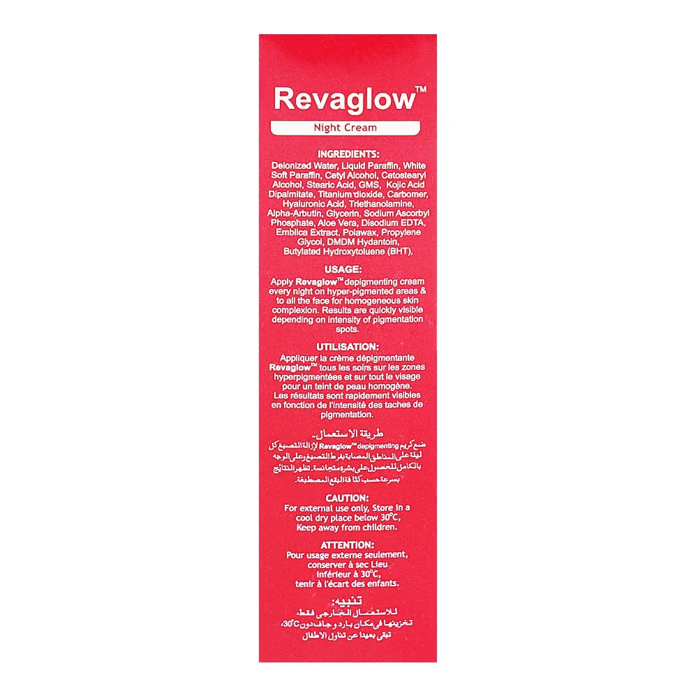 Side view of revaglow night cream, for hyperpigmentation, 30g