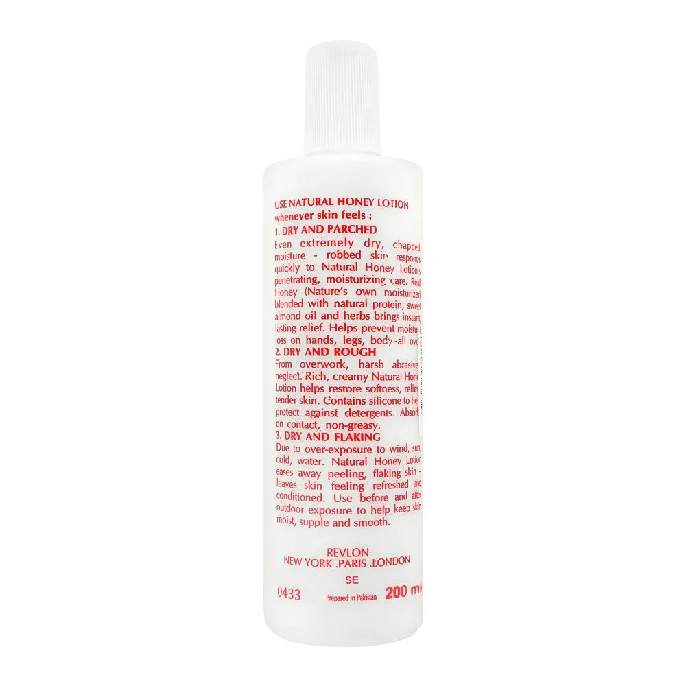Side view of revlon natural honey body and hands conditioning lotion, original formula, 200ml