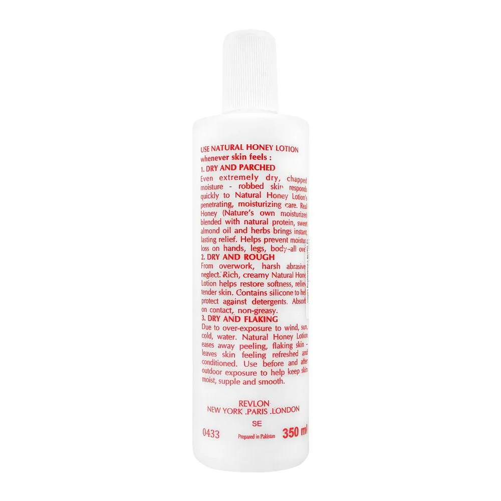 Side view of revlon natural honey skin body and hands conditioning lotion, 350ml