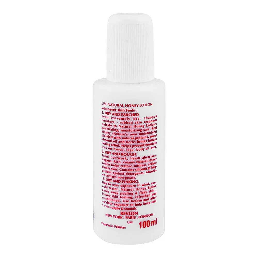 Side view of revlon natural honey skin conditioning lotion, moisturizes & softens dry skin, 100ml