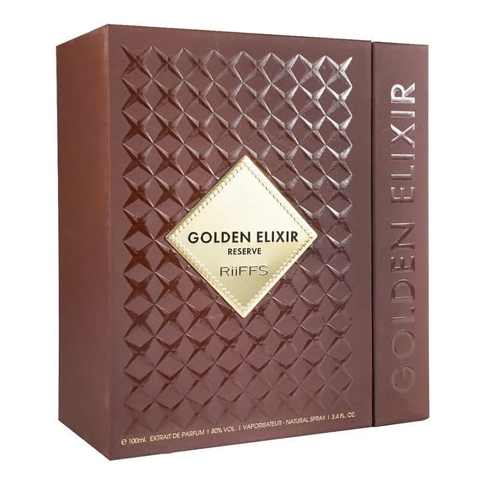 Side view of riiffs golden elixer reserve, eau de parfum, for women, 100ml
