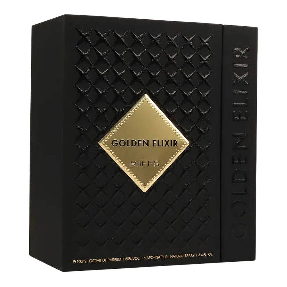 Side view of riiffs golden elixir, eau de parfum, for men & women, 100ml