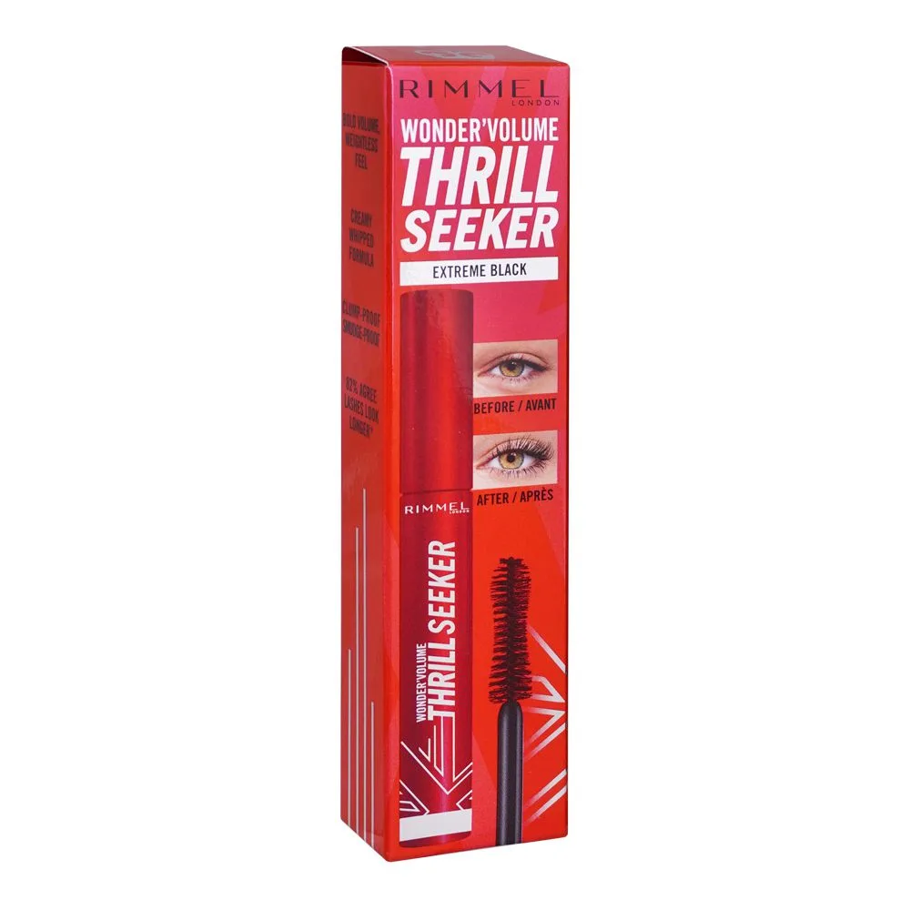 Side view of rimmel london wonder volume thrill seeker mascara, bold volume, 8ml
