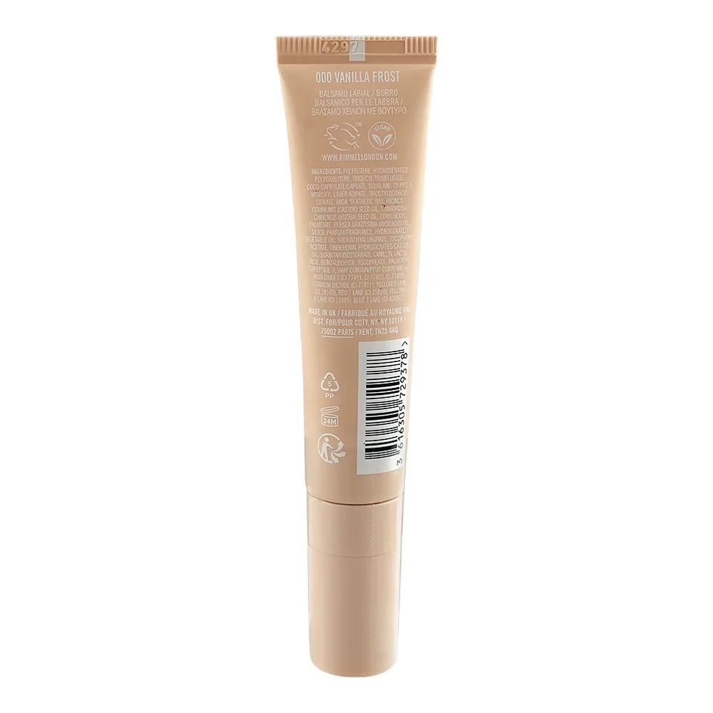 Side view of rimmel oh my gloss! butter me up lip butter balm, vegan, 000 vanilla frost, 15ml