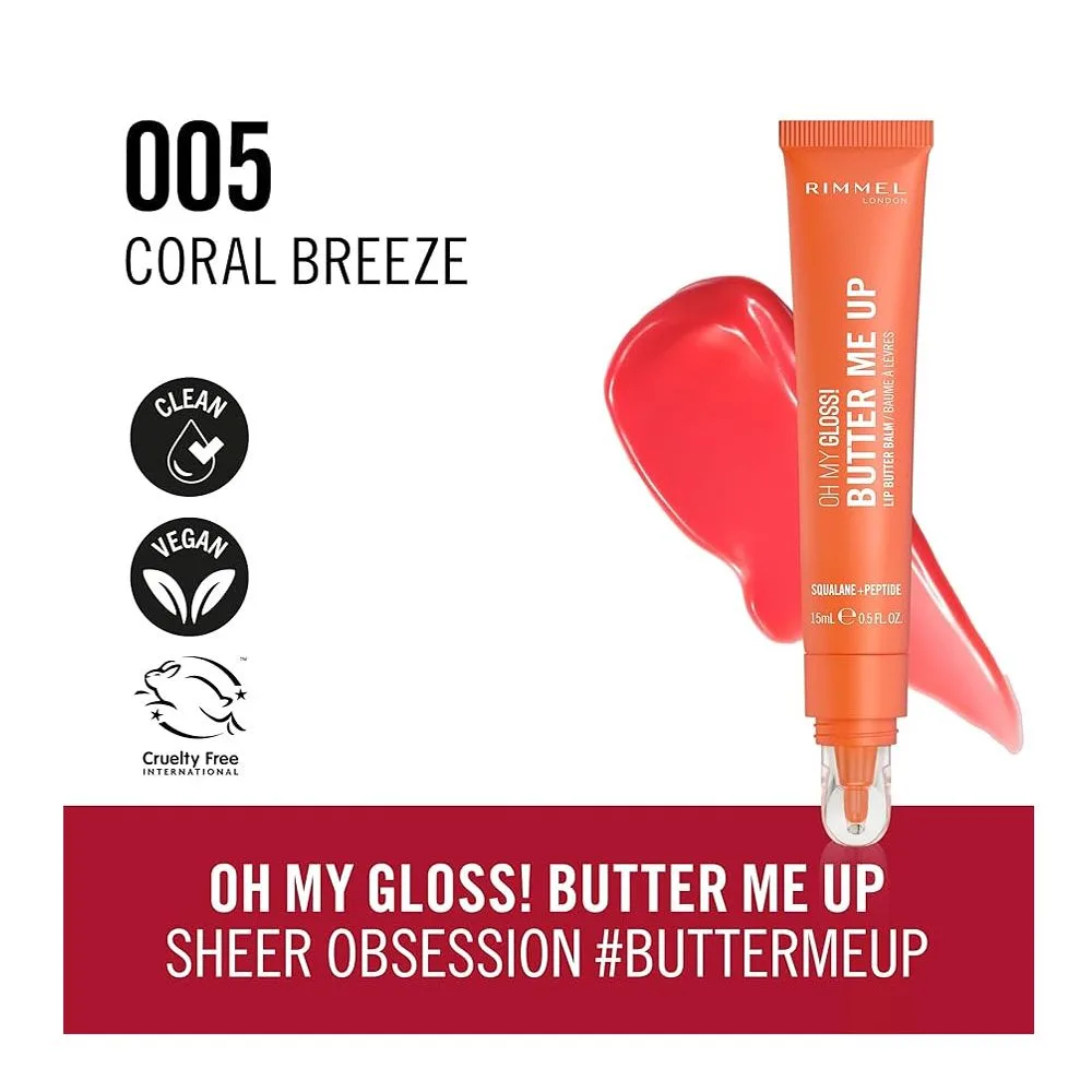Rimmel Oh My Gloss Butter Me Up Lip Butter Balm, Vegan, 005 Coral Breeze, 15ml
