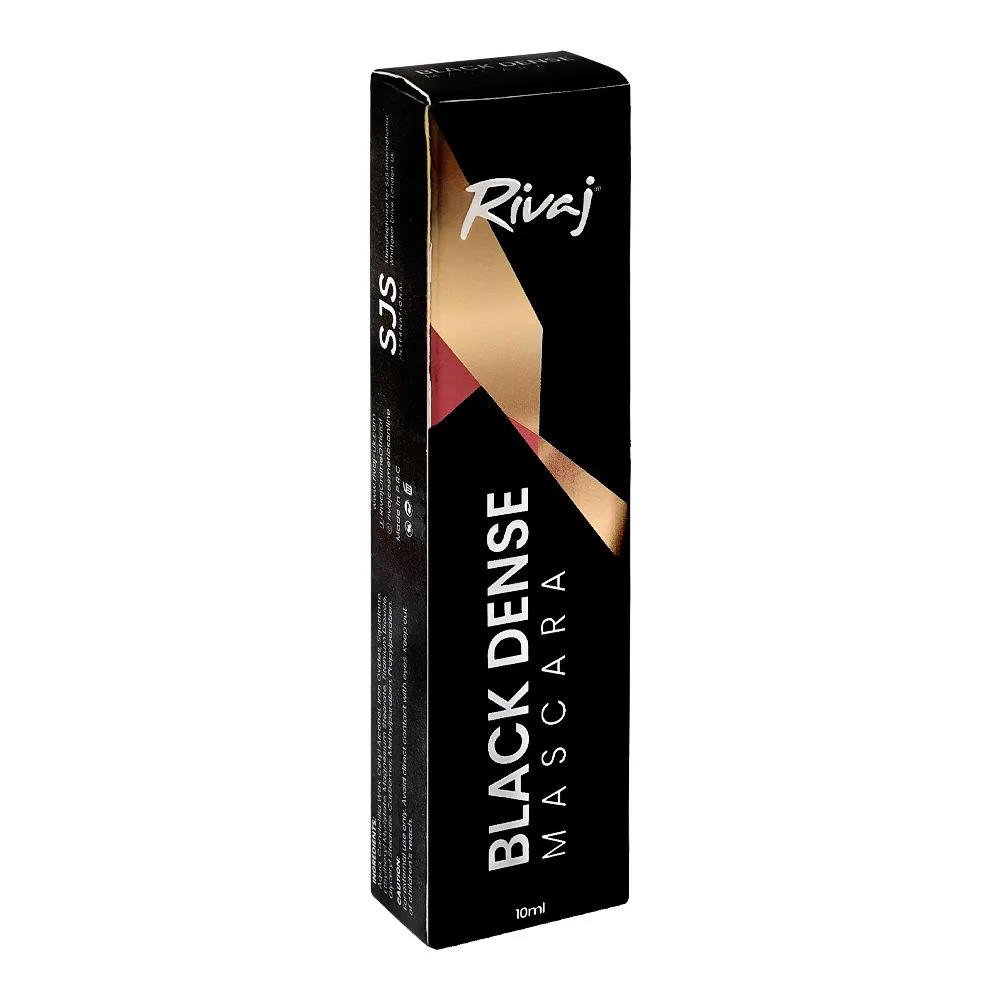 Side view of rivaj black dense mascara, 10ml