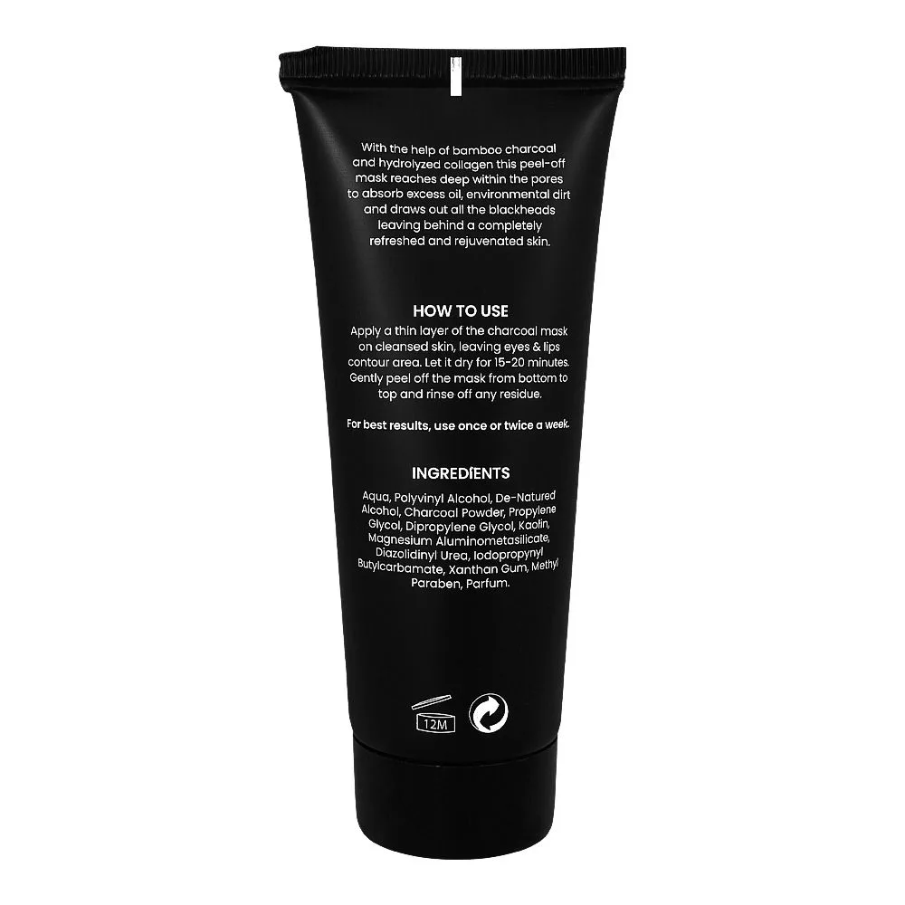Side view of rivaj pinkish white glow, remove blackheads, charcoal peel off mask, collagen boosting, 100ml
