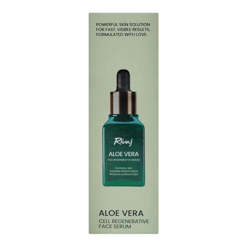 Side view of rivaj uk aloe vera cell-regenerative face serum, hyaluronic acid, glycerin, for dark spots & wrinkles, 30ml