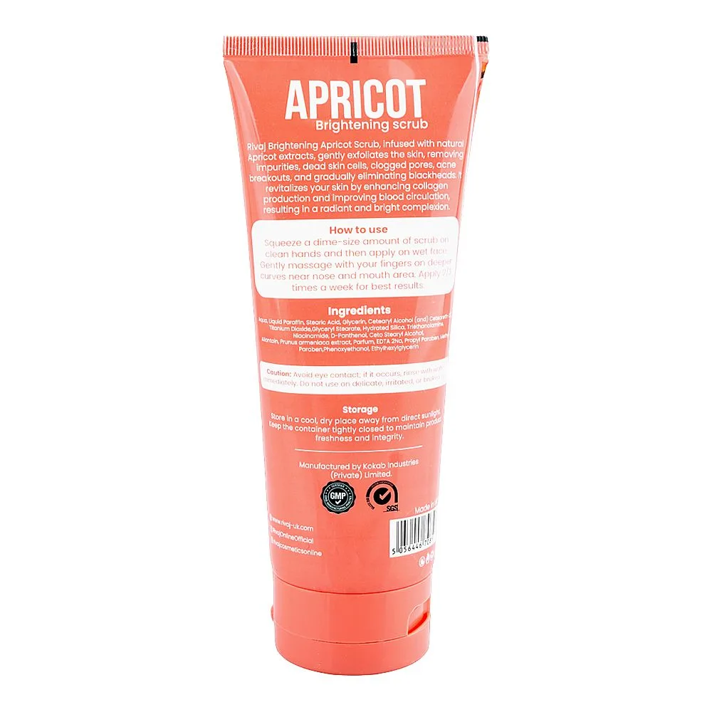 Side view of rivaj uk apricot brightening scrub, glycerin, niacinamide, for all types of skin, 200ml