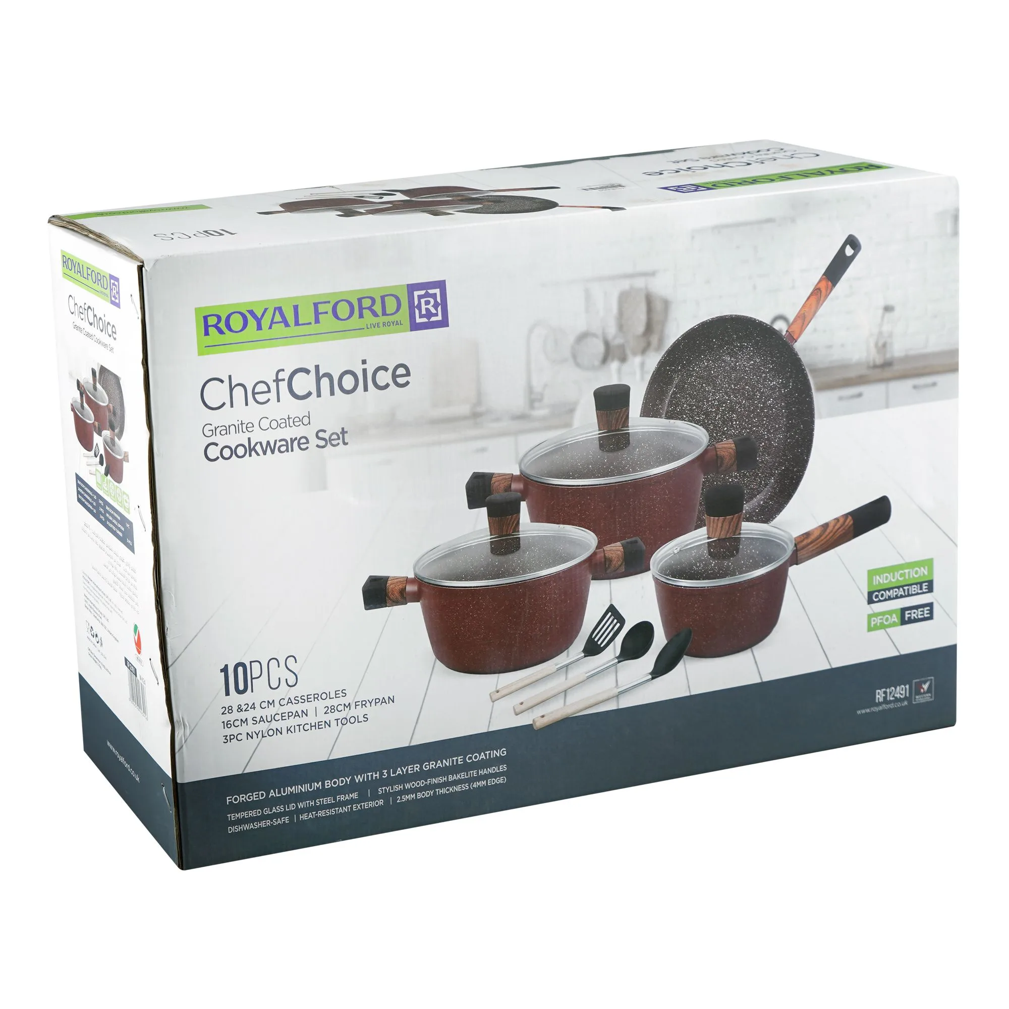 Side view of royalford chef choice granite coated cookware set, rf12491, 10-pack