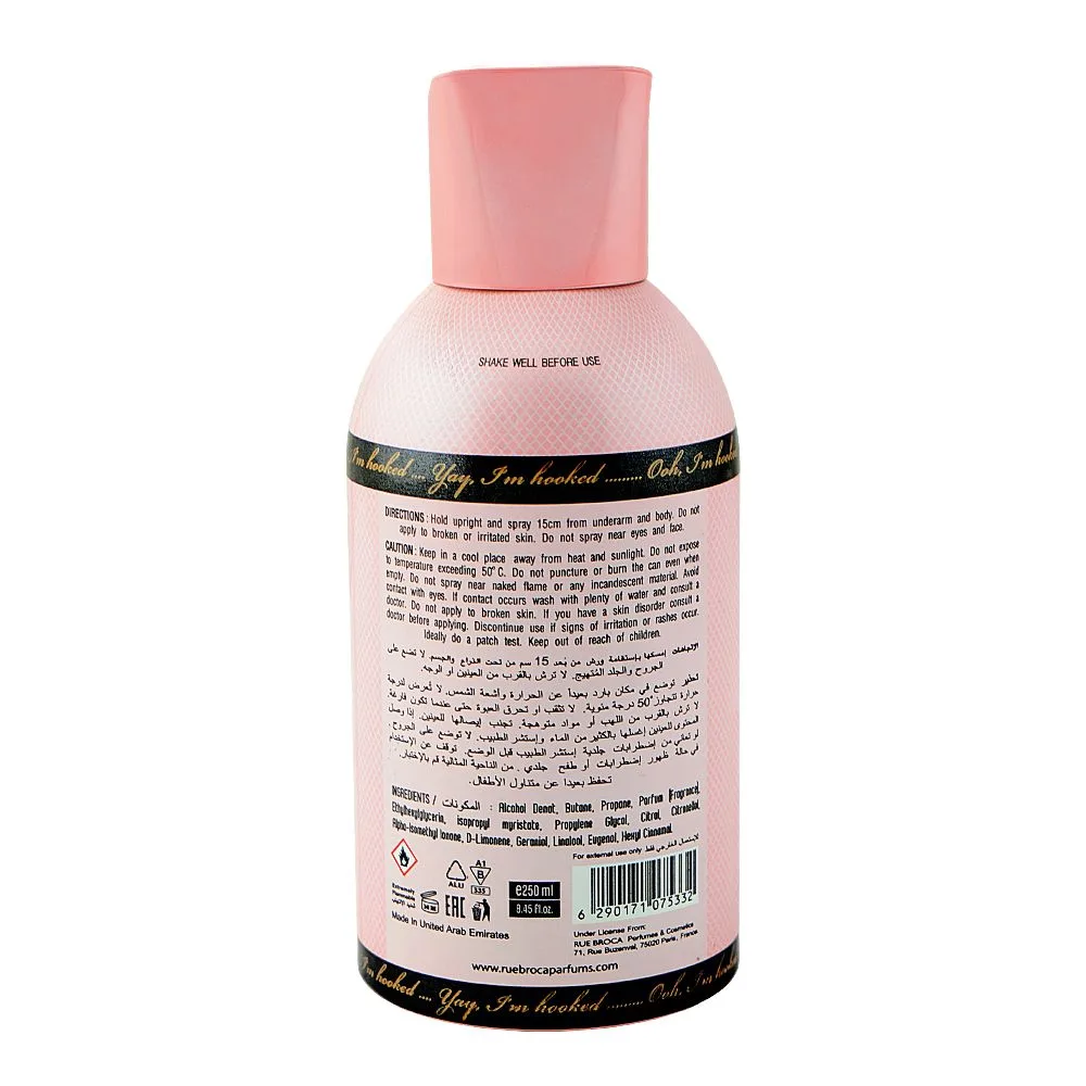 Side view of rue broca hooked pour femme perfumed body spray, for women, 250ml