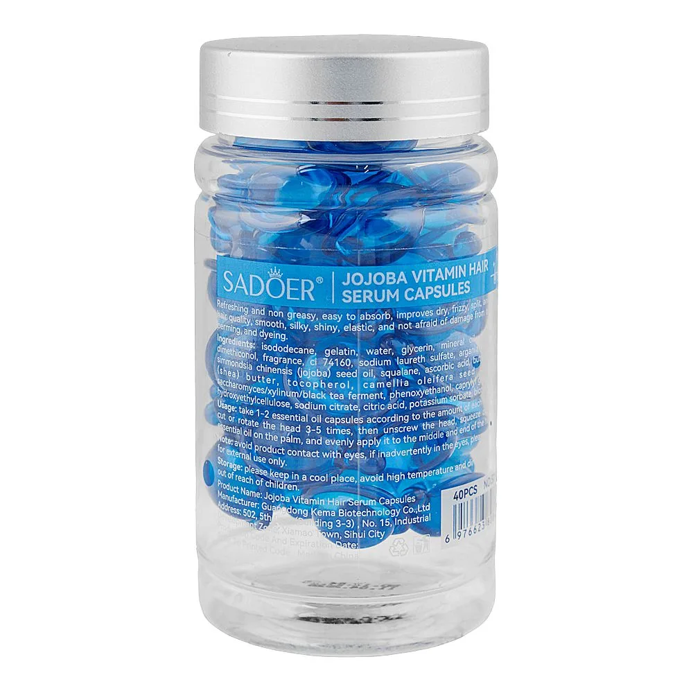 Side view of sadoer jojoba vitamin hair serum capsule, for dry & frizzy hair, 40-pack