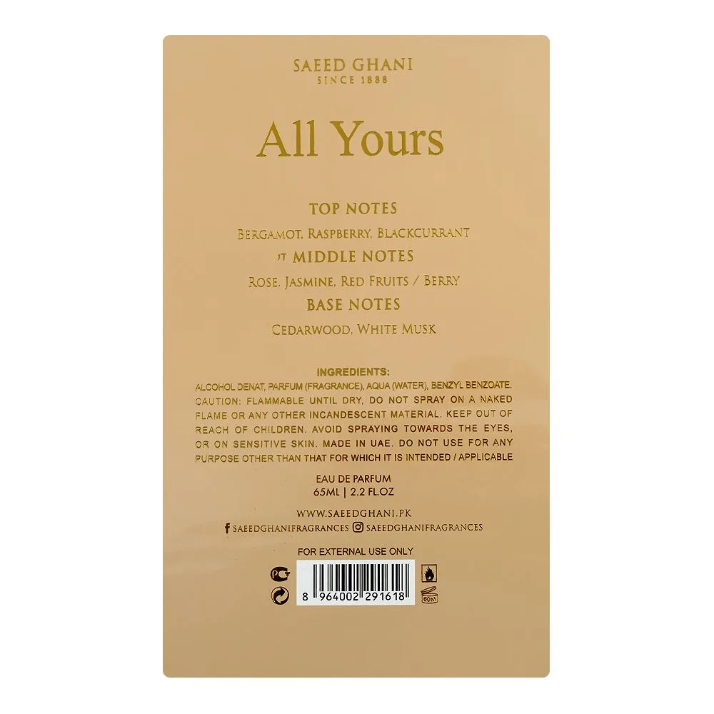 Side view of saeed ghani all yours, eau de parfum, for women, 65ml
