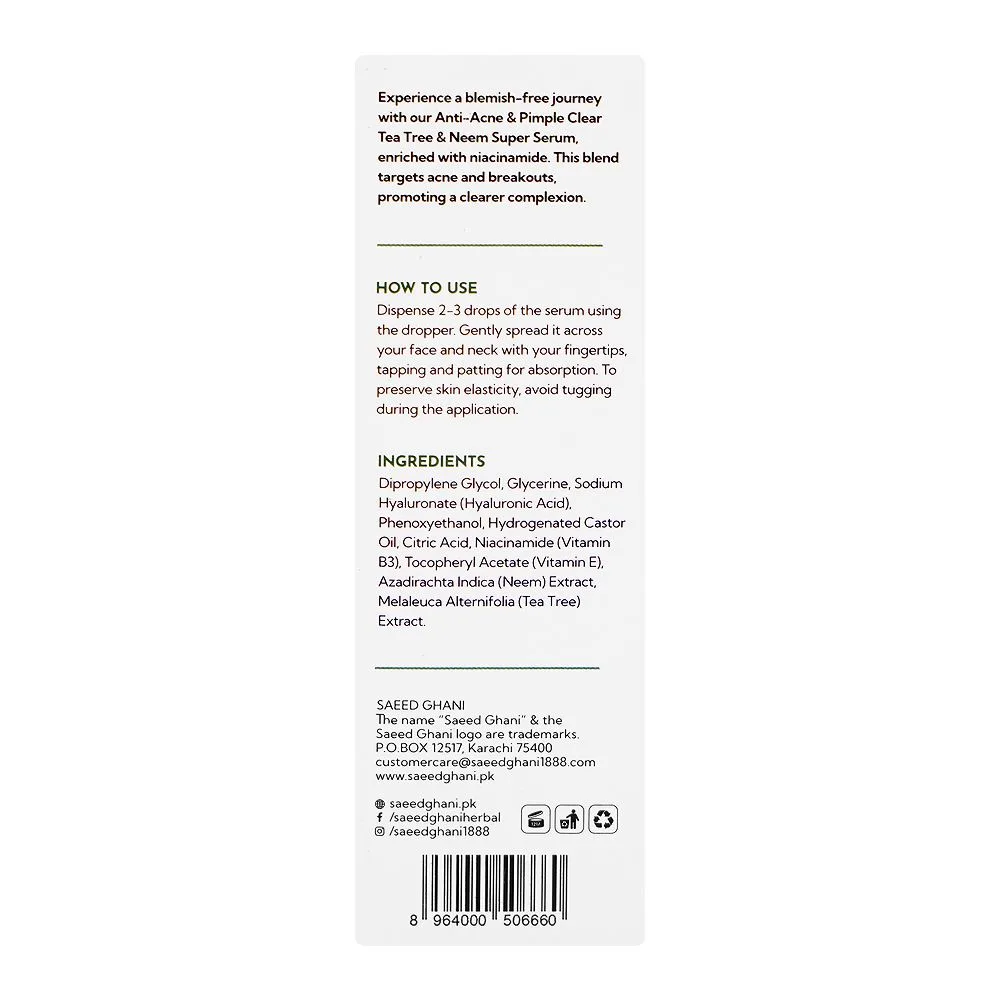 Side view of saeed ghani anti-acne and pimple clear tea tree & neem super serum, 30ml