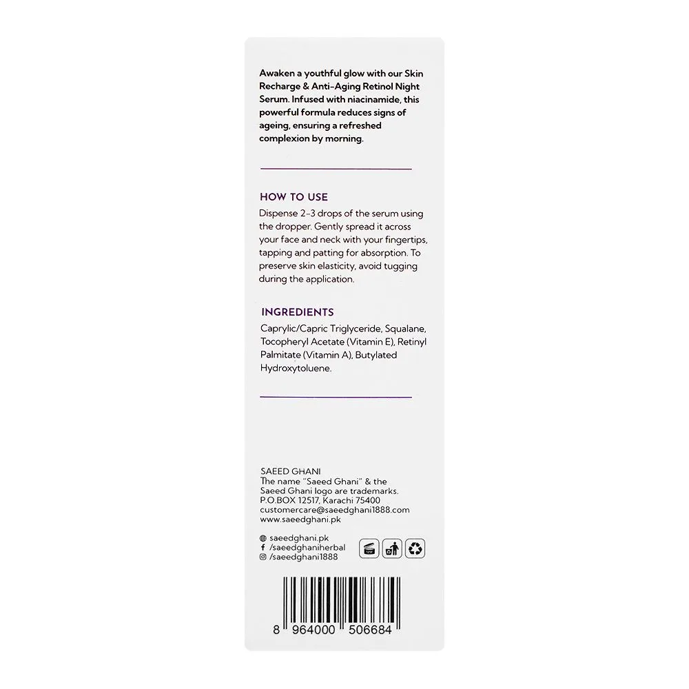 Side view of saeed ghani skin recharge & anti aging retinol night serum, 30ml