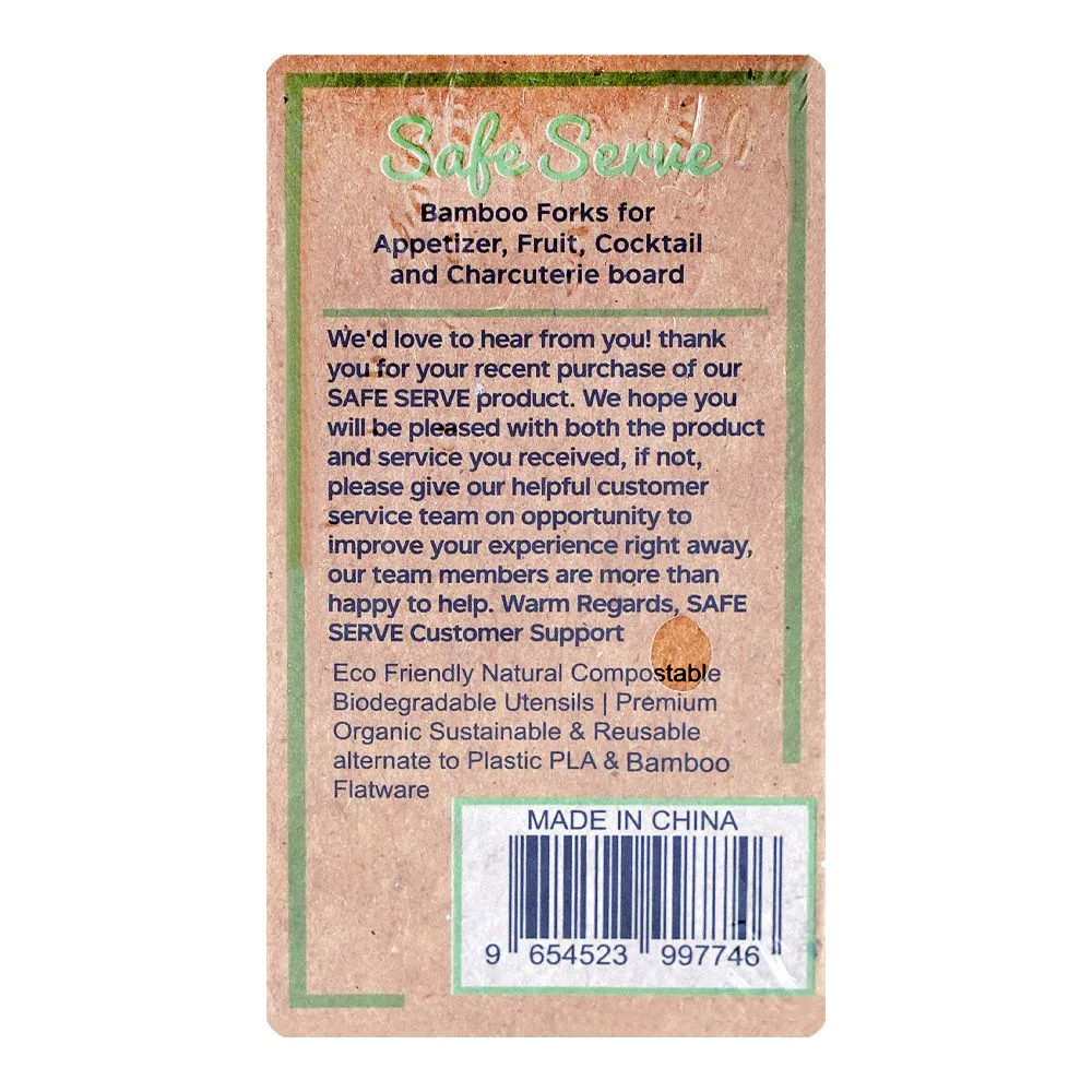 Side view of safe serve bamboo forks, 3.5 inches length, 50-pack