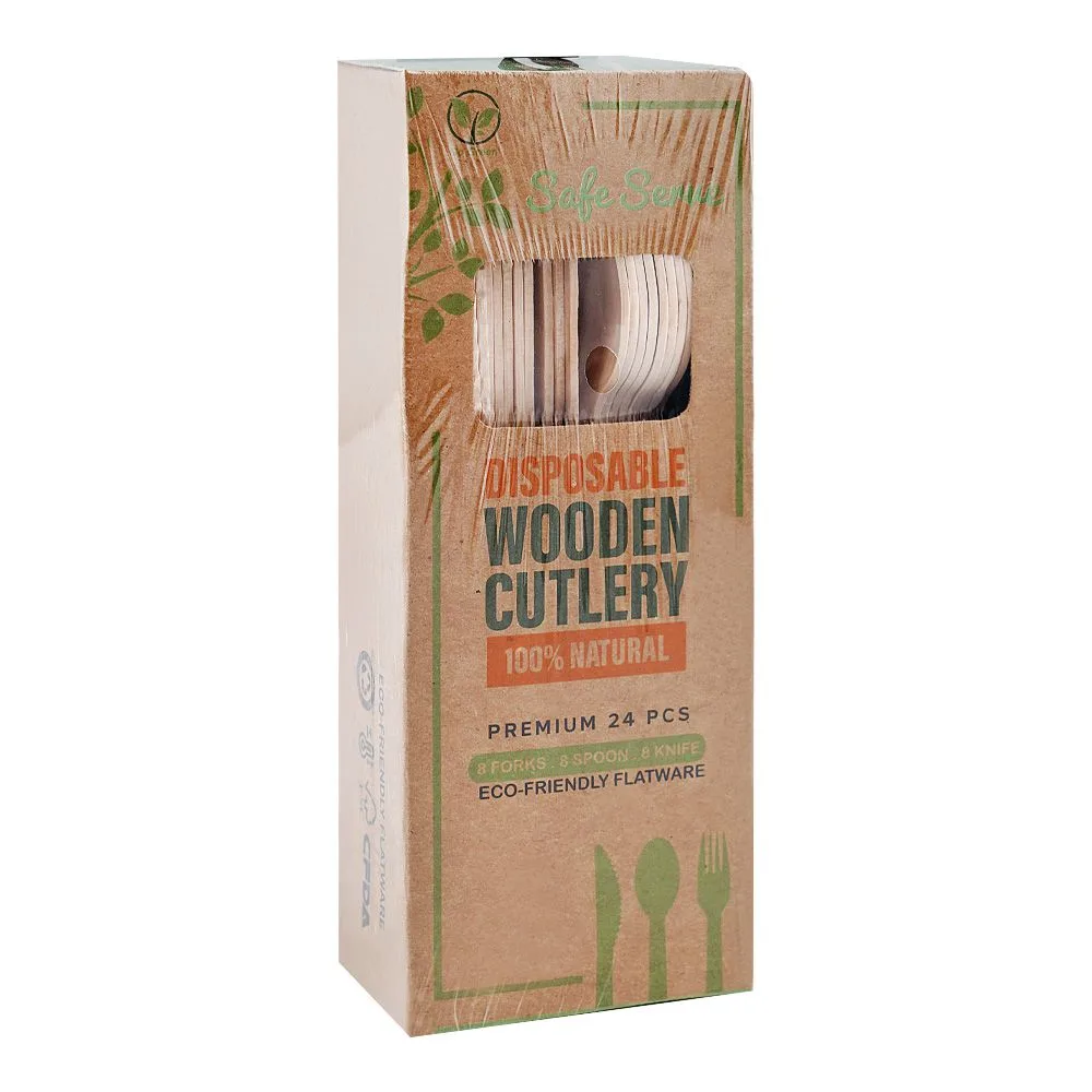 Safe Serve Disposable Wooden Cutlery, 24-Pack (8 X Forks, 8 X Spoons, 8 X Knives)