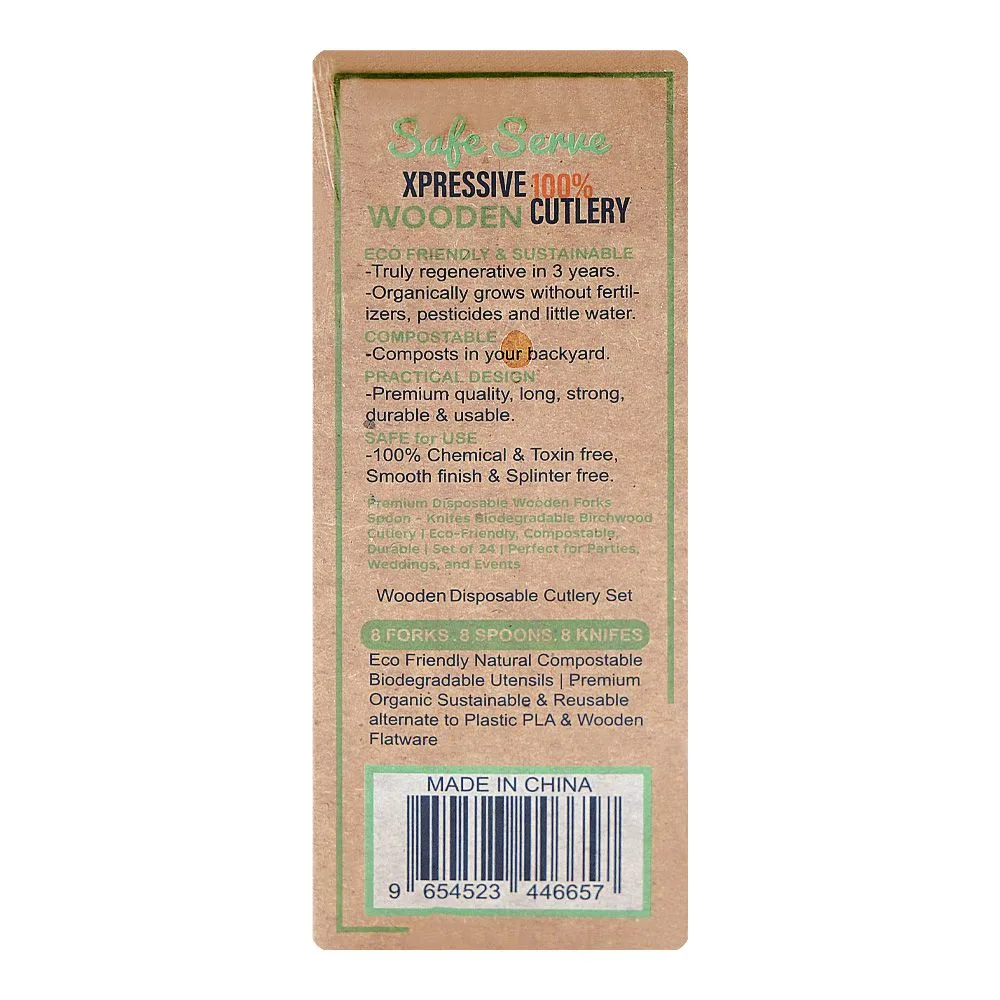 Side view of safe serve disposable wooden cutlery, 24-pack (8 x forks, 8 x spoons, 8 x knives)