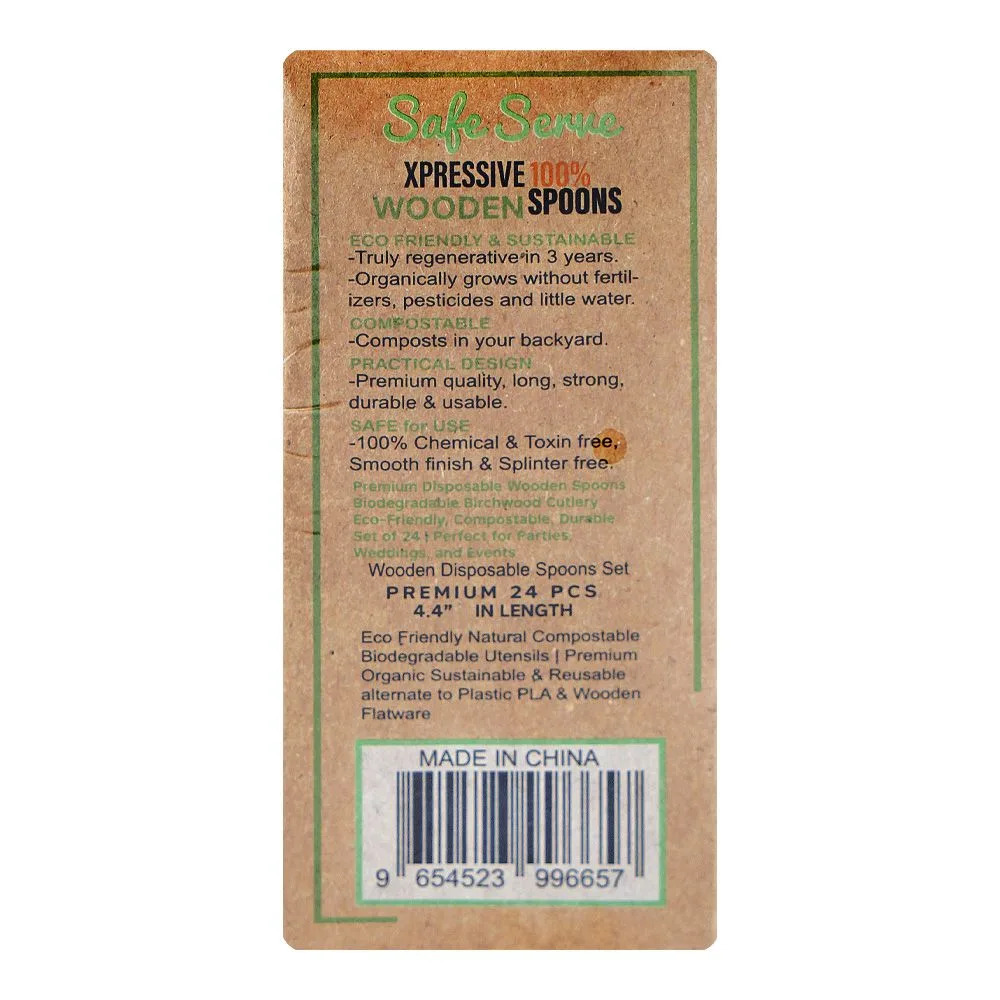Side view of safe serve disposable wooden spoons, 4.4 inches length, 24-pack