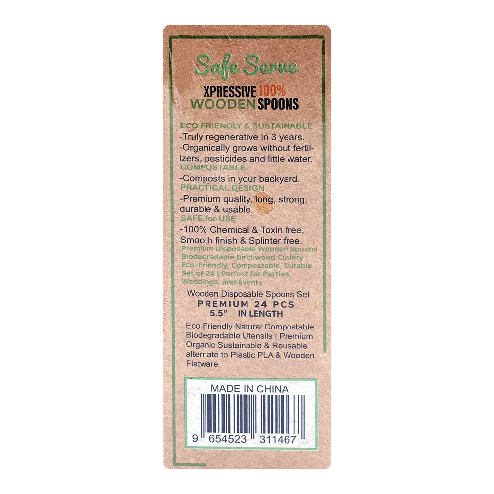 Side view of safe serve disposable wooden spoons, 5.5 inches length, 24-pack