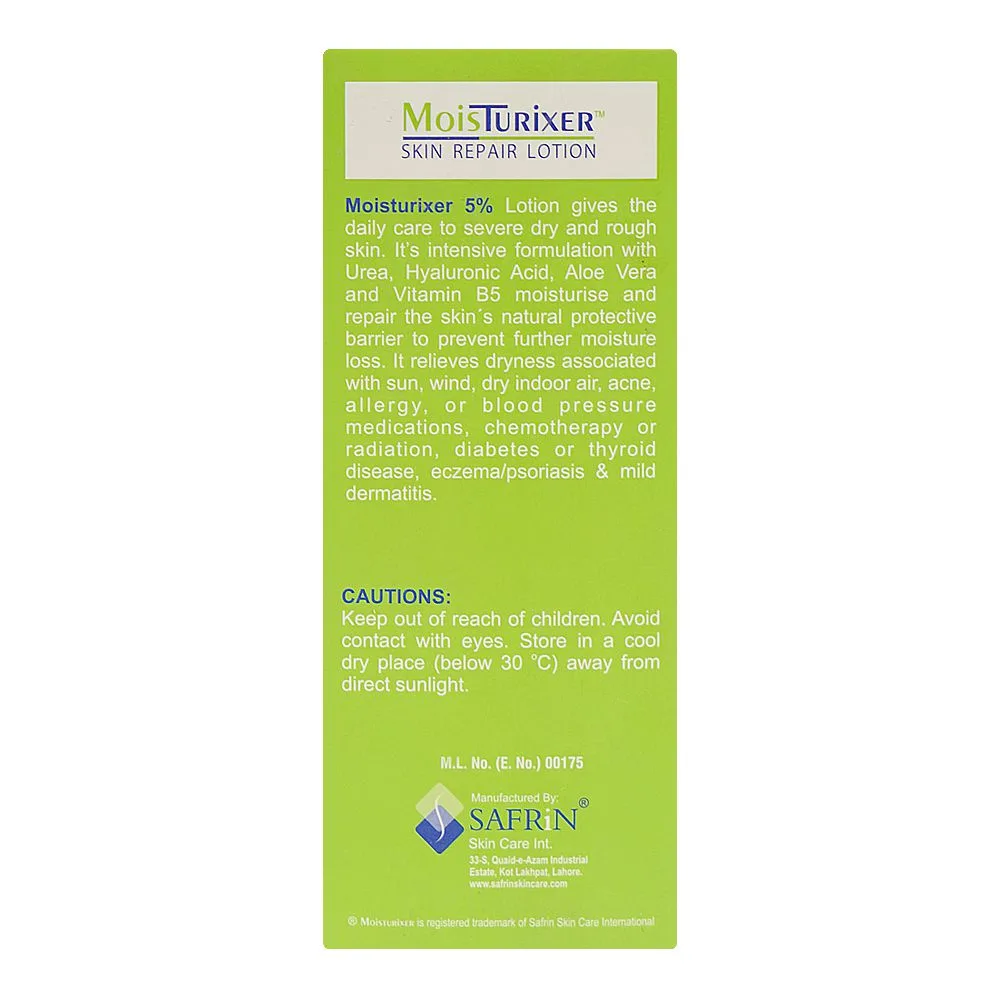 Side view of safrin skin care moisturixer skin repair lotion, hyaluronic acid, aloe vera, for dry & damaged skin, 100ml