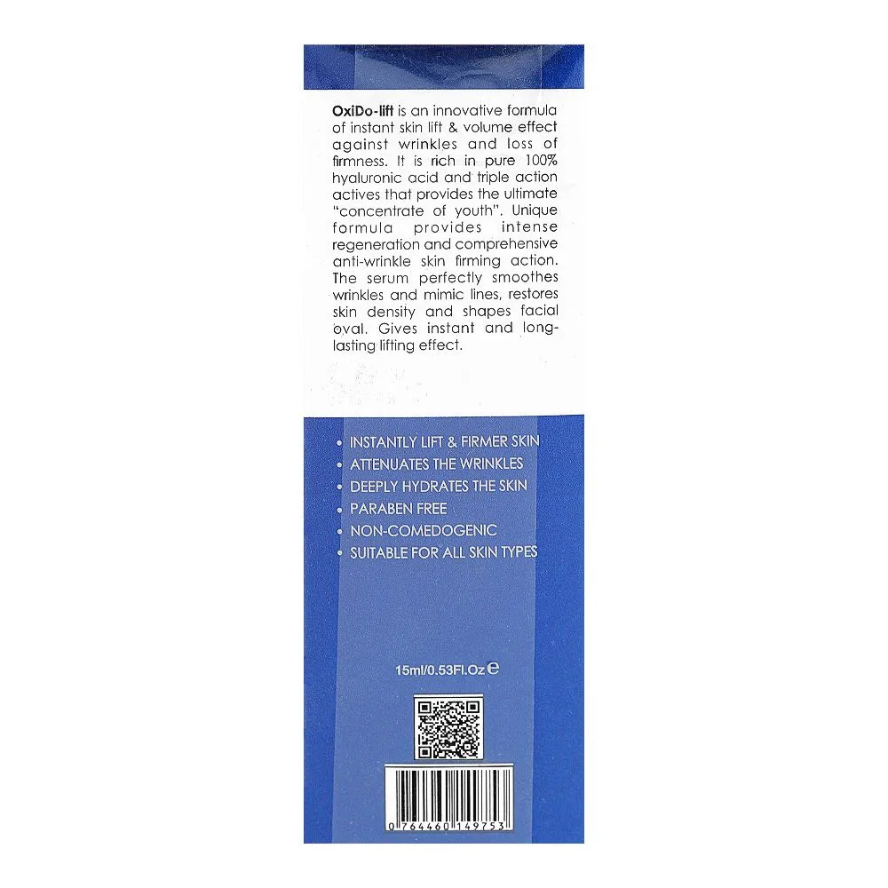 Side view of safrin skin care oxido-lift instant skin lift anti-wrinkle serum, paraben free, hyaluronic acid, for all types of skin, 15ml