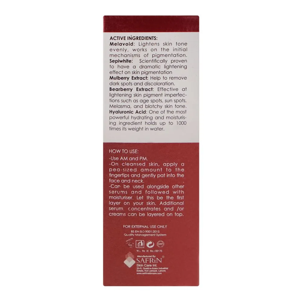 Side view of safrin skin care oxido-lite skin lightening serum, for skin pigmentation, 15ml