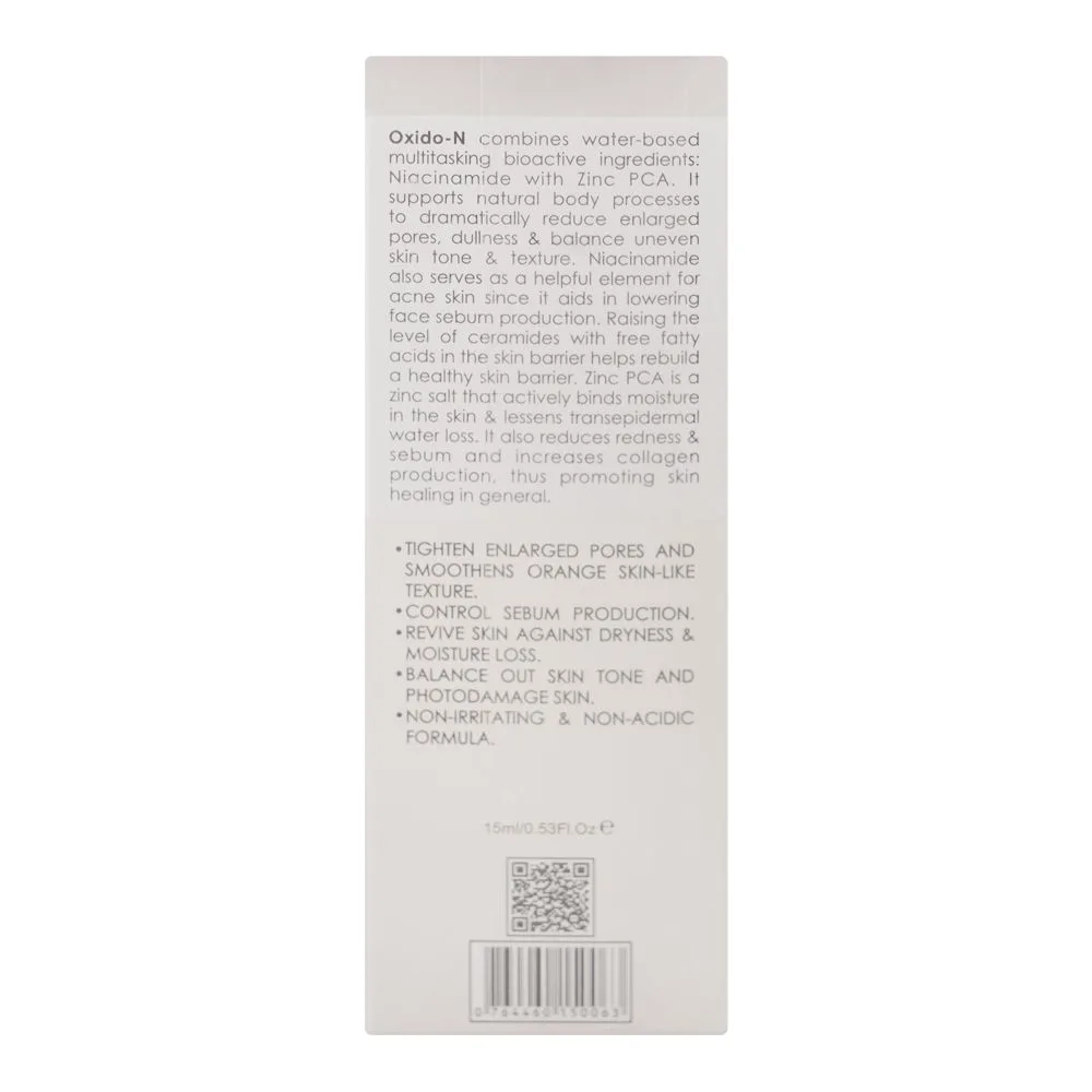 Side view of safrin skin care oxido-n mineral vitamin serum, niacinamide, for acne skin, 15ml