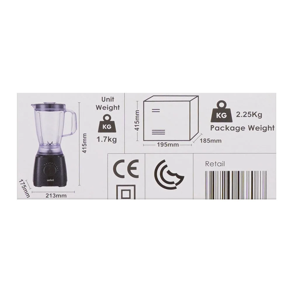 Premium everyday wear sanford 2in1 blender, 600w, 1.8 liter jar & 150g dry milk jar, stainless steel blade, 2 speed, sf-6808br