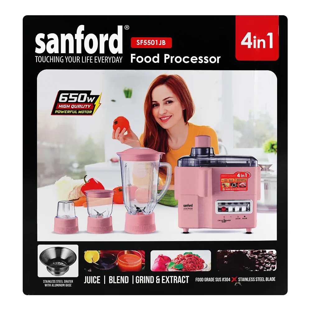 Side view of sanford 4-in-1 food processor, 650w, 1.8 liter, sf-5501jb