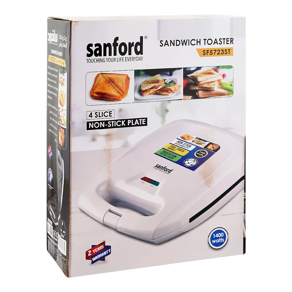 Side view of sanford 4 slice non-stick plate sandwich toaster, 1400w, 220-240v, sf-5723st