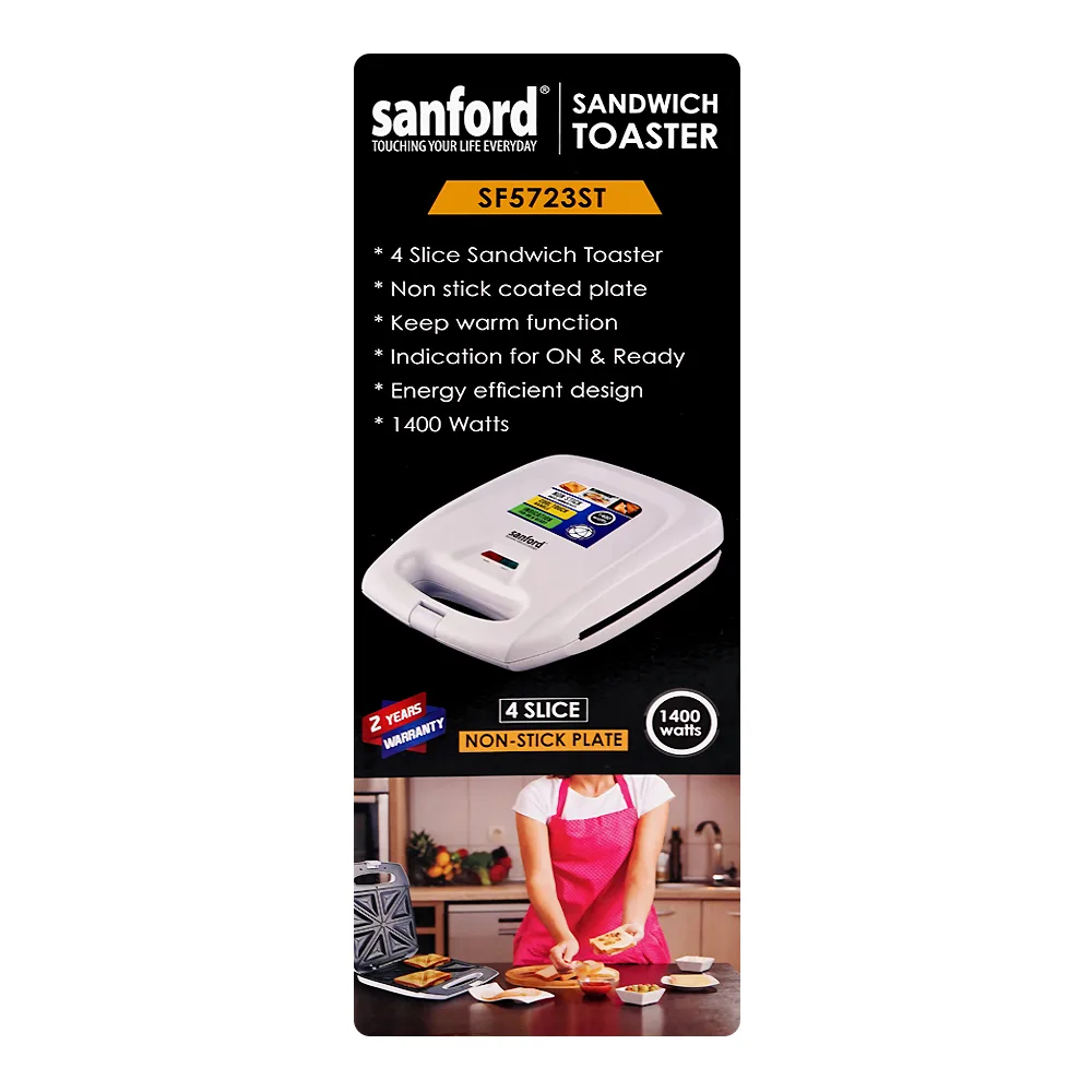 Close-up design of sanford 4 slice non-stick plate sandwich toaster, 1400w, 220-240v, sf-5723st