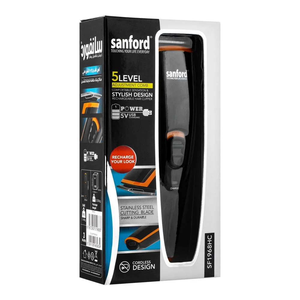 Close-up design of sanford 5 level adjustment comb rechargeable hair clipper, sf-1968hc