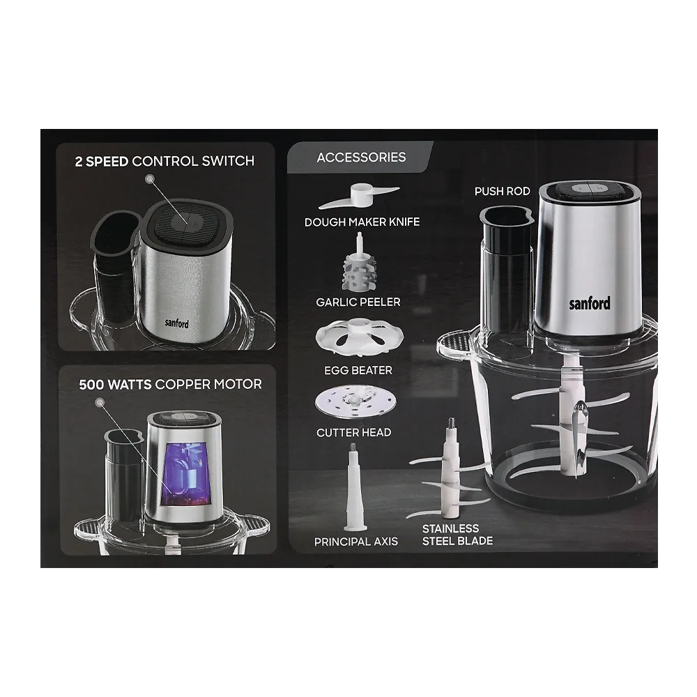Front angle of sanford 6-in-1 multi-functional food chopper, 500w, 220-240v, sf-5580fc