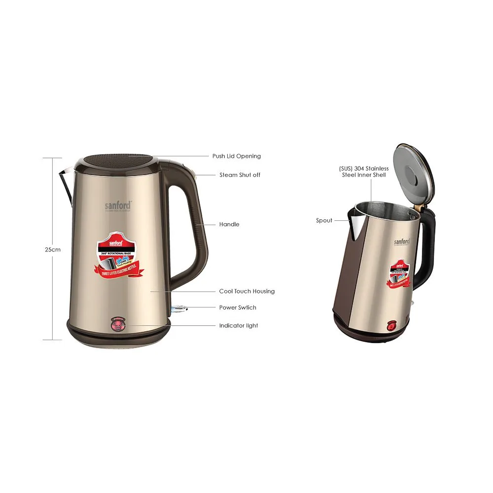 Side view of sanford electric kettle, 1.7 liter capacity, 1800w, sf-1868ek
