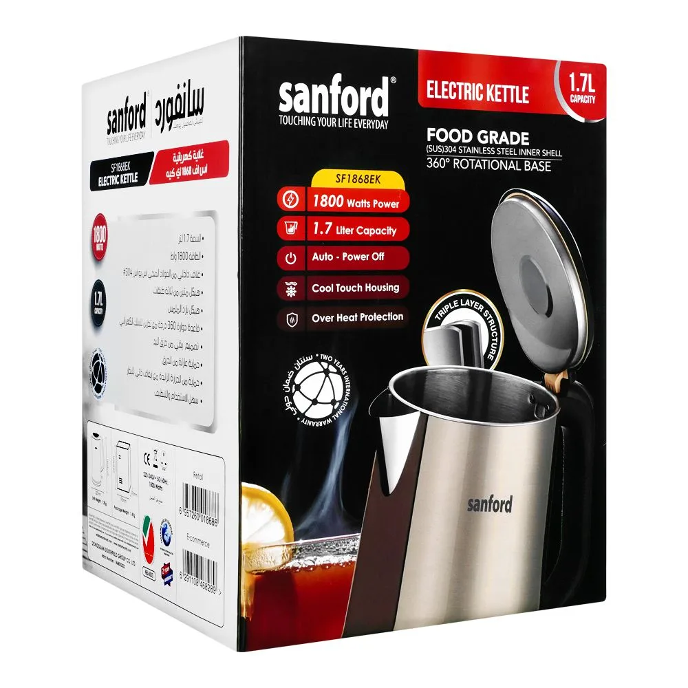 Comfortable casual sanford electric kettle, 1.7 liter capacity, 1800w, sf-1868ek