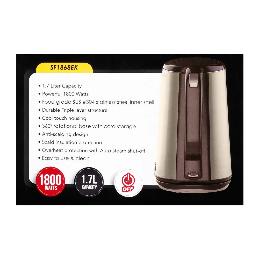 Close-up design of sanford electric kettle, 1.7 liter capacity, 1800w, sf-1868ek