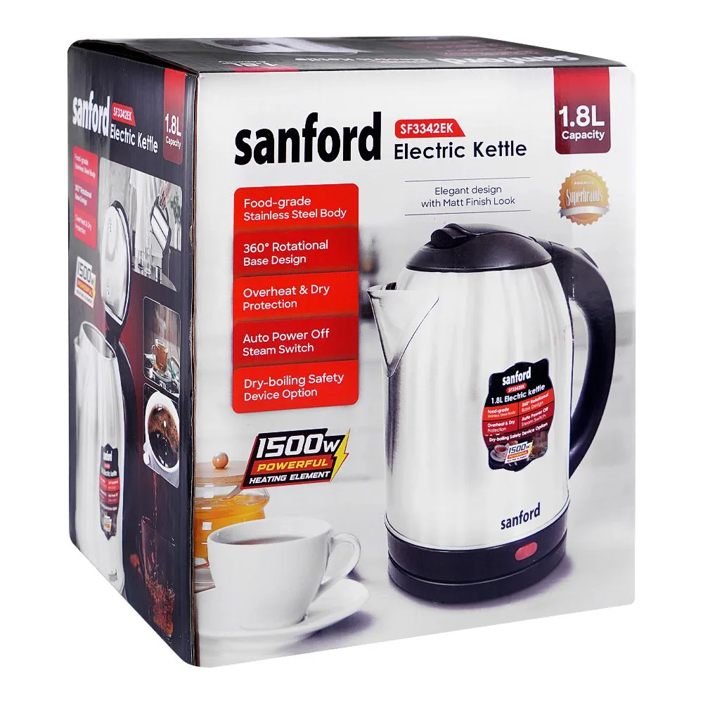 Side view of sanford electric kettle, 1500w, 220-240v, 1.8 liter, sf-3342ek