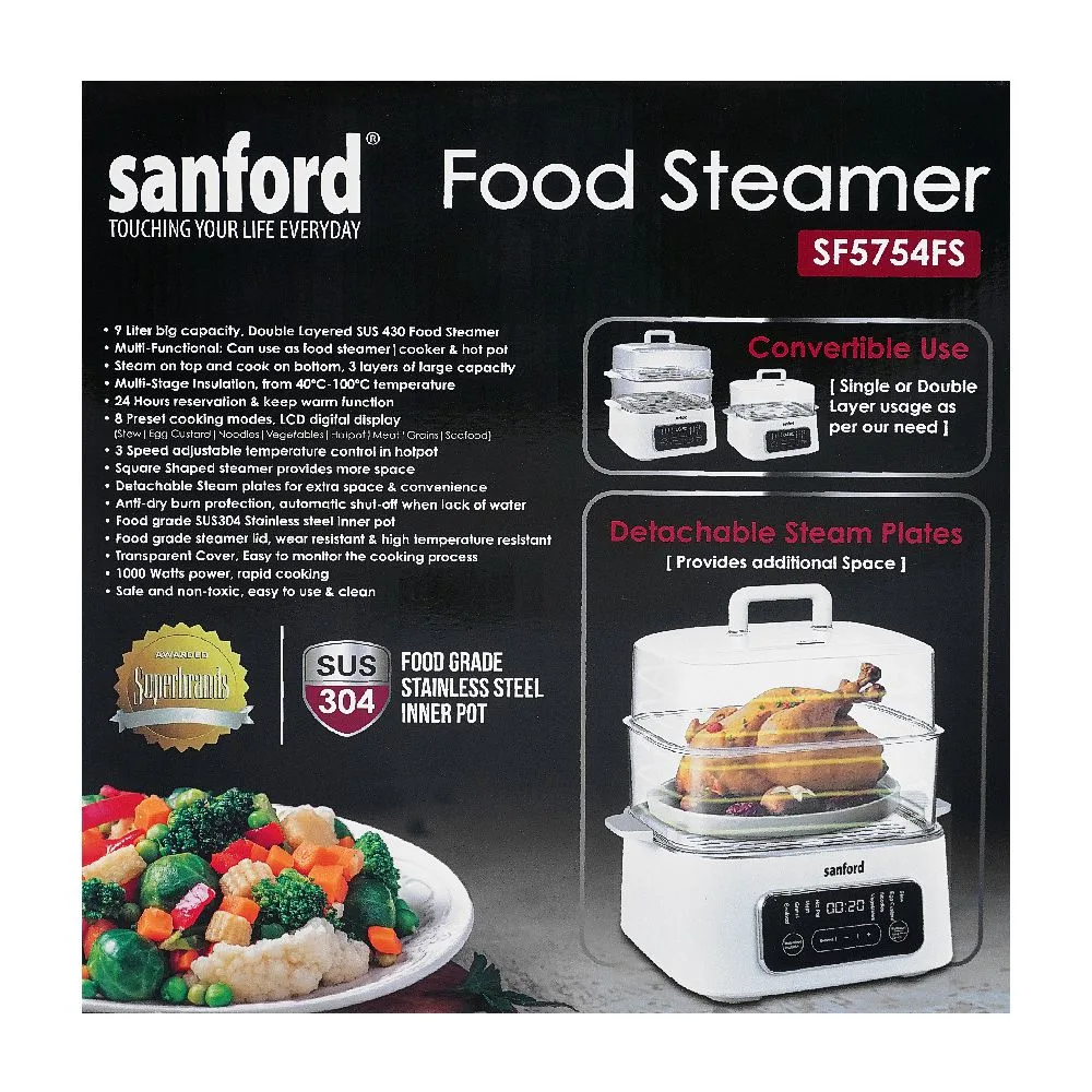 Side view of sanford food steamer, 1000w, 9 liters, sf-5754fs