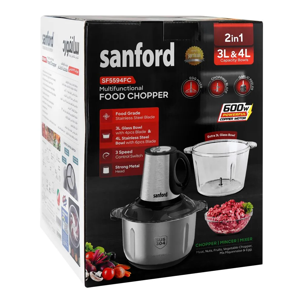 Side view of sanford multifunctional food chopper 2 in 1 600w, sf5594fc