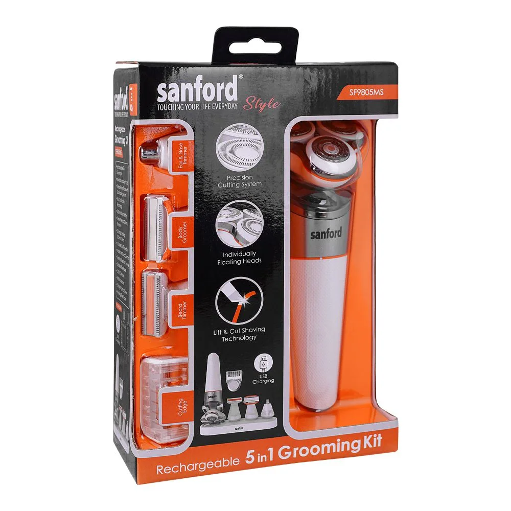 Side view of sanford rechargeable 5in1 grooming kit, sf9805ms