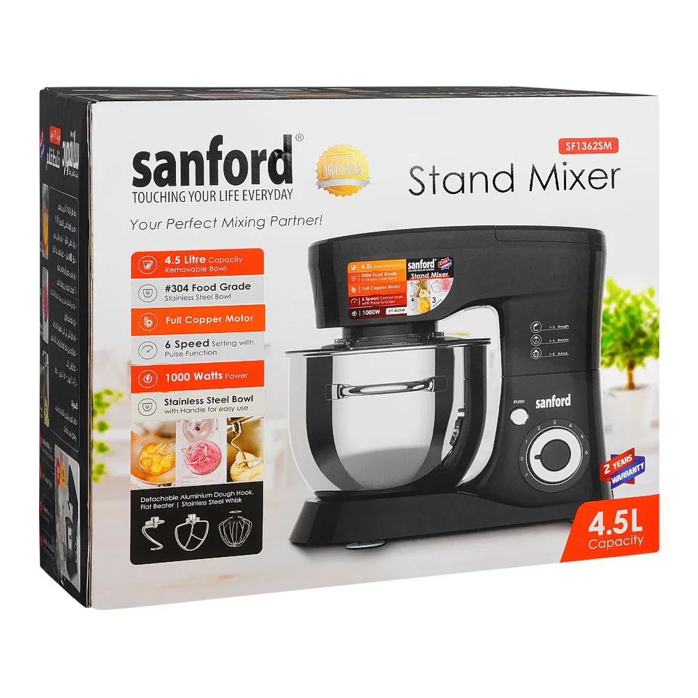 Side view of sanford stand maker, 1000w, 6 speed, 4.5 liter stainless steel removable bowl, sf-1362sm