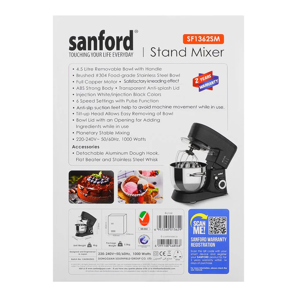 Close-up design of sanford stand maker, 1000w, 6 speed, 4.5 liter stainless steel removable bowl, sf-1362sm
