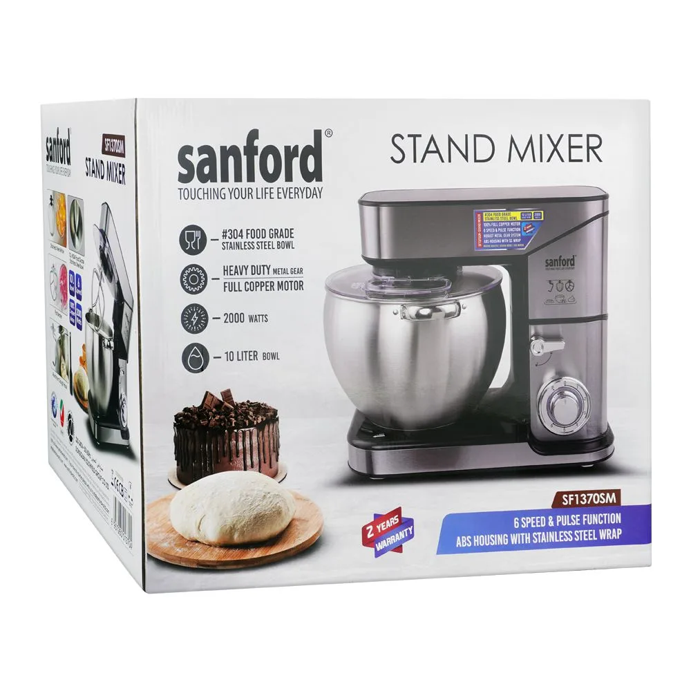 Side view of sanford stand mixer, 2000w, 10 liter stainless steel bowl, full copper motor, 6 speed, sf-1370sm