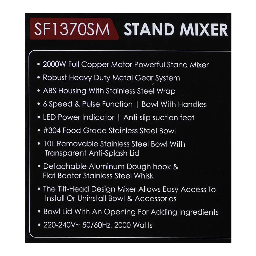 Premium everyday wear sanford stand mixer, 2000w, 10 liter stainless steel bowl, full copper motor, 6 speed, sf-1370sm